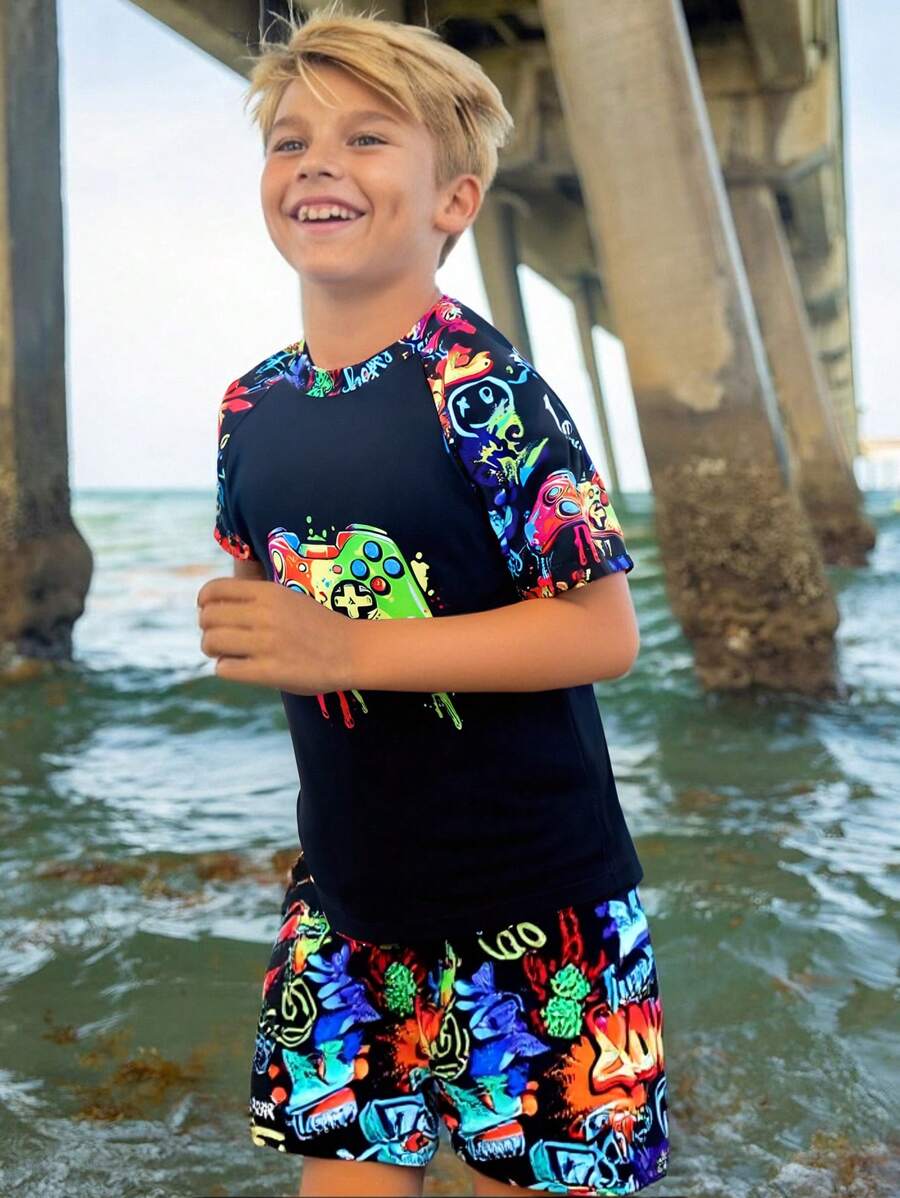 SHEIN 2pcs Kids/Tween Boys Casual Versatile Printed Round Neck Short Sleeve Top And Printed Swim Trunks Swimsuit Set