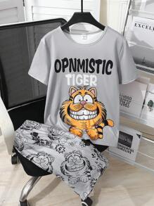 2 件青少年男孩灰色背景虎纹印花短袖 T 恤和短裤休闲家居服套装 - 灰色 - 查看 7