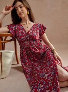 Écloséra Summer Holiday V-Neck Sleeveless Waist Drawstring High Slit Backless Dress - Red - View 2