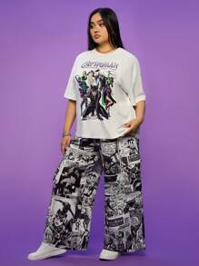 CATWOMAN X SHEIN Traje de talla grande con diseños grandes, camisetas holgadas, mono estampado, pantalones de pierna ancha, bolsillos grandes, estilo cómics estadounidenses, adecuado para ir de compras, blanco, traje de dos piezas CATWOMAN X