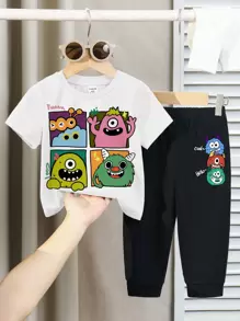SHEIN Set de 2 piezas de camiseta de manga corta de cuello redondo con gráfico de dibujos animados y pantalón largo casual para niño - Multicolor - Ver 2