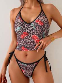 SHEIN Leopard & Cherry Print Halter Neck Women's Tankini Swimwear - Pink - View 3