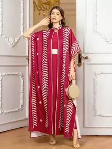 SHEIN Wine Red Women's Elegant Printed Long Dress With Long Jacket And Belt, 3-Piece Set,Modest - Burgundy - View 1