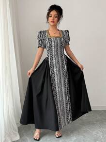 Breezaya Women Rectangular Neck Side Tie Waist A-Line Graceful Dress, Short Sleeve, Geometric Print, Lantern Sleeve, Arabic Style - Black - View 4