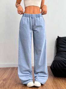 SHEIN PETITE Blue Women's Jeans Elastic Waistband Straight Wide-Leg Pants Summer Pants Versatile Jeans - Light Wash - View 6