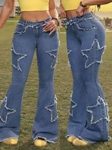 SHEIN PETITE Quần jeans ống loe co giãn bó sát thường ngày PETITE dành cho nữ, mùa hè dành cho nữ, quần jeans cạp trễ, phong cách cowgirl dành cho nữ, quần jeans ống loe, phong cách rave, phong cách rave, hòa nhạc đồng quê, phong cách Y2K dành cho nữ, Gyaru - Rửa trung bình - Xem 1