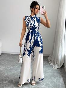 Chiquease 女士系带蝴蝶印花无袖连身裤 - 藍色 - 查看 1