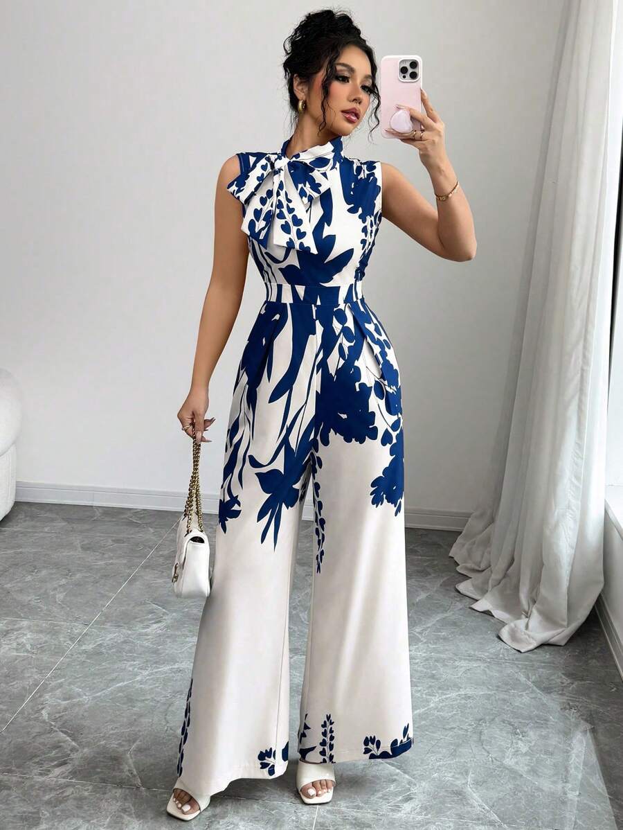 Chiquease 女士系带蝴蝶印花无袖连身裤 - 藍色 - 查看 1