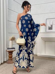 Al Najma Women's Floral Print Batwing One Shoulder Fringe Design Loose Super Long Dress
