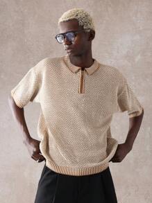SUMWON Designer Knitted Polo Half-Sleeve Sweater Two-Tone Textured Regular Fit Classic Preppy Casual Autumn Winter Spring Golf Tennis