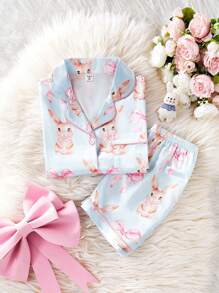 Set Piyama Celana Pendek Sutra Imitasi Motif Pita & Kelinci untuk Anak Perempuan, Pakaian Rumah yang Nyaman - Baby Blue - View 7