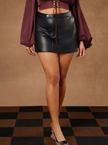 Hauture 夏季女士，女士大码性感休闲黑色仿皮银色纽扣修身迷你裙，女式半身裙，黑色半身裙，皮裙。适合约会、演唱会、演出、派对、俱乐部、音乐节 - 黑色 - 查看 6