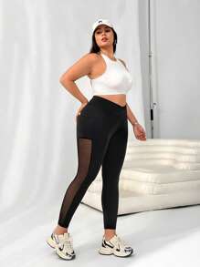 SHEIN EZwear Plus Size Dames Zwarte Contrast Mesh Zak Leggings