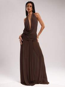 SHEIN BAE 女式纯色露背垂坠领连衣裙 - 棕色 - 查看 6