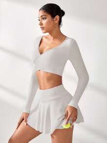 Eassivo Eassivo 2pcs Women's Sporty Casual Yoga Running Fitness Cute & Sexy Top & Skirt Shorts Set - Beige - View 7
