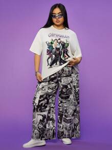 CATWOMAN X SHEIN Traje de talla grande con diseños grandes, camisetas holgadas, mono estampado, pantalones de pierna ancha, bolsillos grandes, estilo cómics estadounidenses, adecuado para ir de compras, blanco, traje de dos piezas CATWOMAN X
