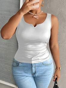 Slaydiva Plus Size Casual All-Match Black Faux Leather Cami Top With Deep U-Neck And Racerback - Silver - View 7
