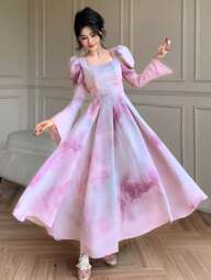 DAZY Elegant Ombre Puff Sleeve Dress For Women, Fall Date Outfit Long Sleeve Dress