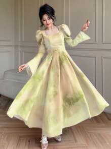 DAZY 女士优雅渐变泡泡袖假日中长连衣裙，全新夏季款式，荷叶边 - 黃色 - 查看 3