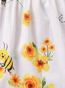 Baby Girl Dress With Floral Print Skirt And Contrast Bow Shoulder Straps, Summer - White - View 4