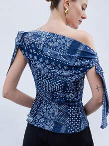 SHEIN Privé Women's Geometric Floral Print Color Block Asymmetrical Neck Bowknot Draped Ruched Waist Blouse, Commuting Style - Multicolor - View 2