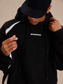 Men Contrast Panel "Musero" Slogan Graphic Print Hoodie - Black and White - View 4