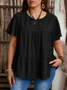 EMERY ROSE 加大码女式纯色圆领荷叶边短袖宽松衬衫，波西米亚风夏季，西部女装，度假