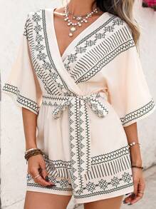 SHEIN VCAY Tutina avvolgente con scollo a V e stampa geometrica per donne taglia comode