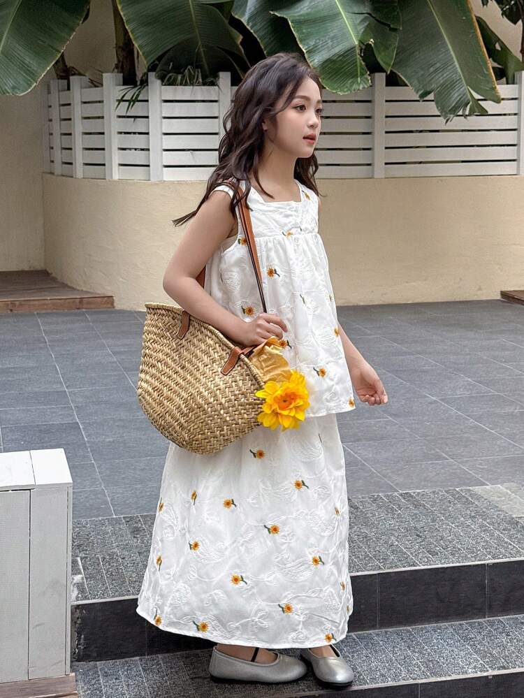 Set de 2 piezas para niña preadolescente con blusa sin mangas de cuello cuadrado y falda con bordado, conjunto de ropa para el verano y vuelta al colegio