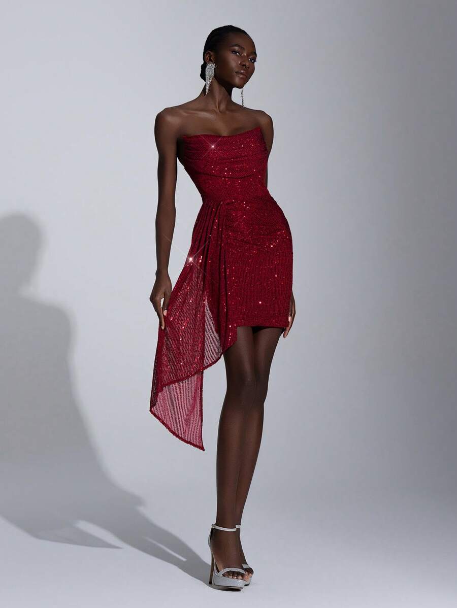 Elitara Váy xếp nếp và sequin lấp lánh tuyệt đẹp thanh lịch, thích hợp cho lễ tốt nghiệp, hẹn hò, tiệc tùng, những dịp trang trọng, váy dạ hội, dự tiệc cocktail - Màu Đỏ Sâu - Xem 1