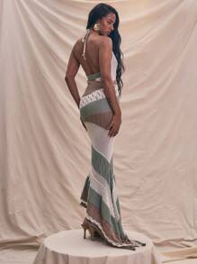 MUSERA 露背领口撞色针织拼接修身长裙夏季度假太阳裙柔软伊比萨海滩