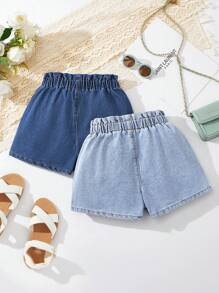 SHEIN Tween-Mädchen Frühlings- und Sommerferien, 2-teilig, süße Rüschen, Schleife, lässige Baggy-Denim Shorts, Sommer, Strand, Boho, Konzert, Rave, Festival, lässige zweiteilige Outfits, Schule, Campus, College