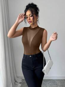 Chiquease New European & American Fashion Round Neck Stylish Mesh Patchwork Sleeveless Bodysuit For Women, Random Floral Print