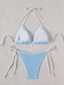 Swim Mod Women's Summer Beach Halter Tie-Up Sexy Bikini Two Pieces Swimwear Set - Baby Blue - View 2