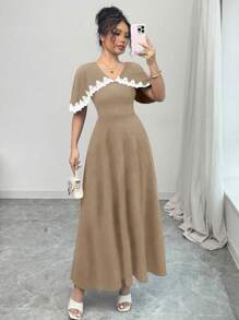 Chiquease Women's Elegant Colorblock Ruffle Detail Long Dress With Cape, Spring/Summer - Khaki - View 4