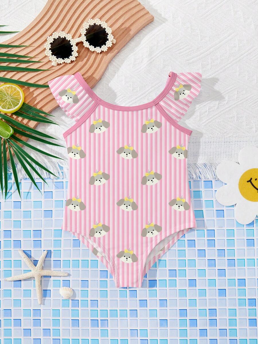 SHEIN Infant Girls Cute Pink Striped Cartoon Dog Animal Print, Casual Simple Camisole Swimsuit, Suitable For Summer - Pink - View 1