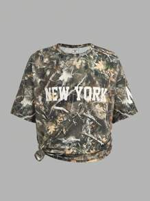 Ensemble 2 pièces pour préadolescentes : T-shirt oversize à imprimé camouflage et lettres + jupe mini plissée noire, retour à l'école, style Y2K, streetwear, chic et doux, style campus américain - Multicolore - Voir 12