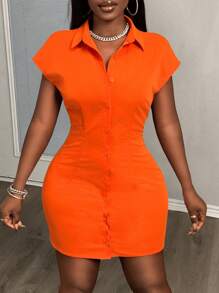 Slaydiva Summer Casual Shirt Collar Button Down Short Sleeve Fitted Mini Dress - Orange - View 3