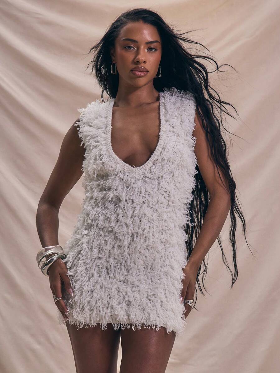 MUSERA 迷你无袖纹理超低领连衣裙夏季假日服装