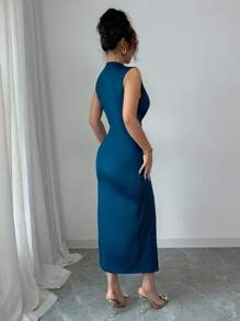 Rafferiza Petite Váy xòe hở vai cổ chữ V sâu thanh lịch, viền cao thấp, xẻ tà thời trang xuân/hè cho nữ, màu xanh - Màu xanh lam - Xem 2