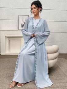 Yasmyna Women's Applique Decor Abaya Long Robe & Dress Suit Arab Style Outfit Modest Dresses For Women - Blue - View 6