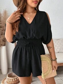 SHEIN LUNE Plus Size V-Neck Shirred Shirred Waist Jumpsuit