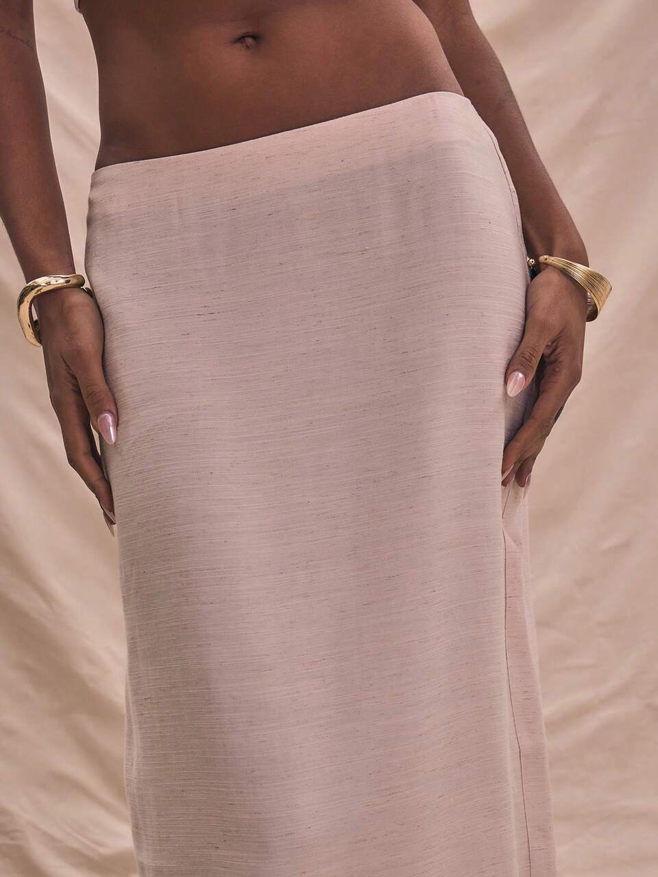 Spódnica maxi z lnu tkanego z rozcięciem z przodu, dopasowana, rozkloszowana, elegancka, boho, na imprezę, wakacje, lato