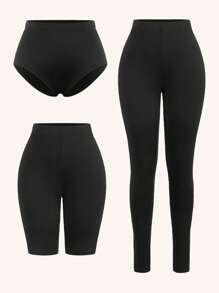 SHEIN SXY 春夏装服装度假海滩优雅休闲音乐节夜店家居服黑色高弹针织超剪裁紧身短裤热裤四分紧身骑行裤长款紧身打底裤三件套