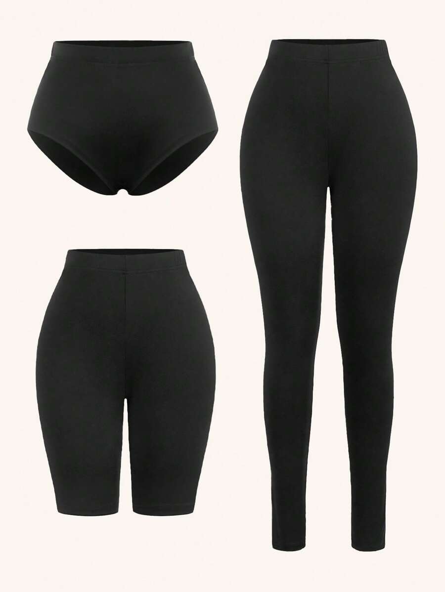 SHEIN SXY 春夏装服装度假海滩优雅休闲音乐节夜店家居服黑色高弹针织超剪裁紧身短裤热裤四分紧身骑行裤长款紧身打底裤三件套