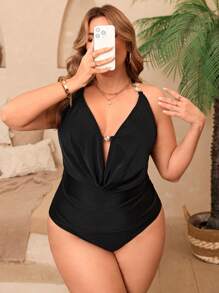 Swim Chiccia 2pcs/Set Plus Size Women's Black Metal Accent Deep V Backless Sexy Tankini Set, Minimalist Summer Swimwear & Beachwear - Black - View 6