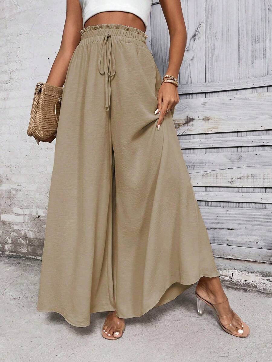 Breezaya Black Casual Wide Leg Pants, Solid Color Minimalist, Suitable For Summer Fall Cloth For Women - Khaki - View 1