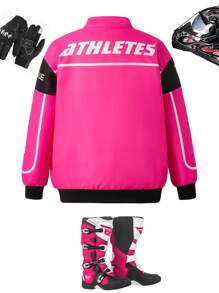 SHEIN Tween Girls Red And Black Letter Print Stand Collar Contrast Color Loose Bomber Jacket - Hot Pink - View 2