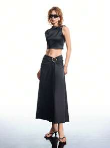 LYSMO 2025 New Arrival Summer Women's Matte Satin Asymmetrical One-Shoulder Knot Top And Knot Detail Skirt Set,Party Cloth - Black - View 3