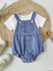 Baby Boys 2pcs Set: Simple White Short Sleeve Top + Cute Blue Denim Overall Jumpsuit. Loose, Minimalist Design With Large Pocket Front, Soft & Comfortable Casual Style Suitable For Spring/Summer Outings, Vacation, Daily Wear - Multicolor - View 6